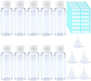 ANECO 10 Pieces 50ml Transparent Containers Travel Bottles Flip Cap Empty Bottles with 5pcs Funnels and 4 Sheets Free Labels