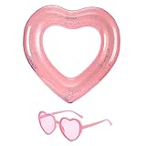 QIXNBL 1 Stück Liebes-Pailletten-Schwimmring, 1 Stück Liebes-Sonnenbrille, Aufblasbares Schwimmbett Für Erwachsene, Schwimmbad-Party-Sonnenschutzspiegel, Sommer-Wassersportartikel.