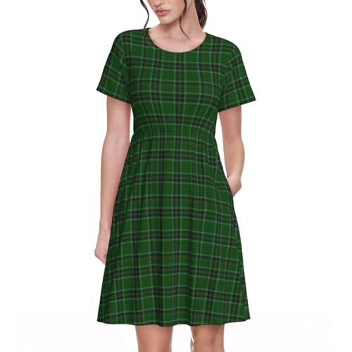 NHSGILP All Ireland Green Plaid Women's A-Line Sundress with Pockets, Casual Knee-Length Small