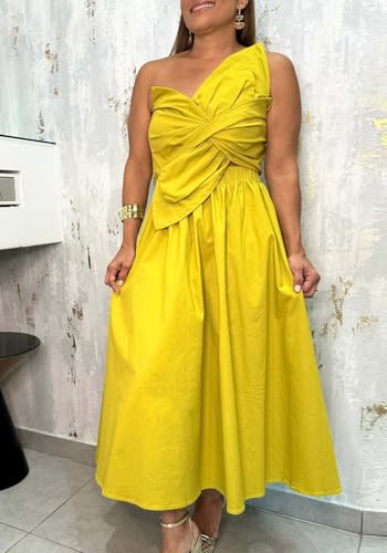 Image of Molisry Women's Summer One Shoulder Dress Spaghetti Strap Cut Out Sleeveless Tight Waist Maxi Bubble Cocktail Dress Party Yellow