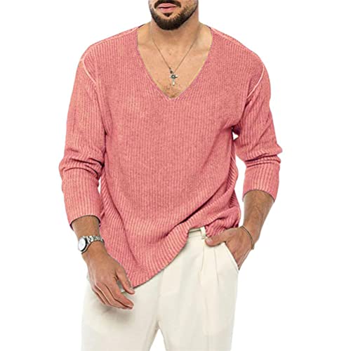 seiveini Pull Homme en Tricot Col en V à Manche Longue Pull Hiver Chaud Pull en Maille Fine pour Homme Sweater Basique Pullover Confortable A Rose XXL Cover
