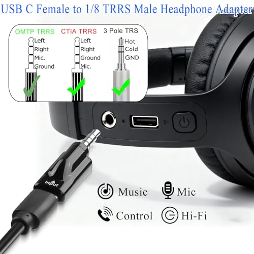 QIANRENON Adapter słuchawkowy USB C na 3,5 mm USB C żeński do TRRS 3,5 mm męskie złącze audio typu C do 4-biegunowego zestawu słuchawkowego 1/8 wtyczka konwerter DAC dekodowanie, do AUX Car Audio