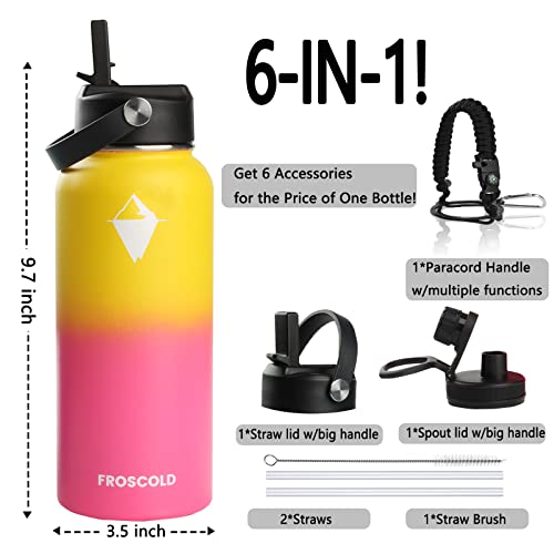 Froscold Insulated Water Bottle With Straw Lid & Paracord Handle, Sport Water Bottle With Strap & Handle, 32Oz Double Wall Wide Mouth Stainless Steel Thermal Water Flask, Keeps Hot Or Cold (Nectarine) #TOP1