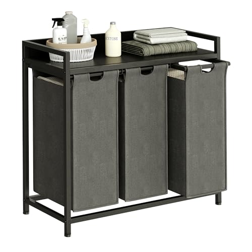 Herture Laundry Hamper with Shelf, Laundry Basket 3 Section, Laundry Sorter with Pull-Out Removable Large Bags and Movable Wheels, Metal Frame, 3 x 15.87 Gallons (60L), Black and Gray PF04XLC by Herture - Used condition - US$59.99