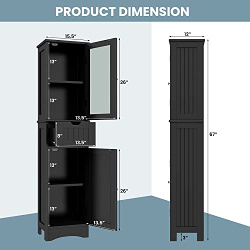 Giantex Freestanding Bathroom Storage Cabinet - 67” Tall Slim Pantry Cabinet With 2 Adjustable Shelves, 2 Doors, 1 Drawer, Anti-Slip Foot Pads, Narrow Floor Cabinet For Bathroom, Living Room (Black) #TOP2