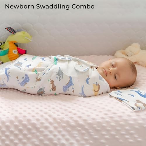 Image of BEMBIKA Newborn Baby Essentials Dress Set Clothing Combo With Swaddle Wrap, Mittens, Cap And Booties- (Animal Print - Set Of 4)
