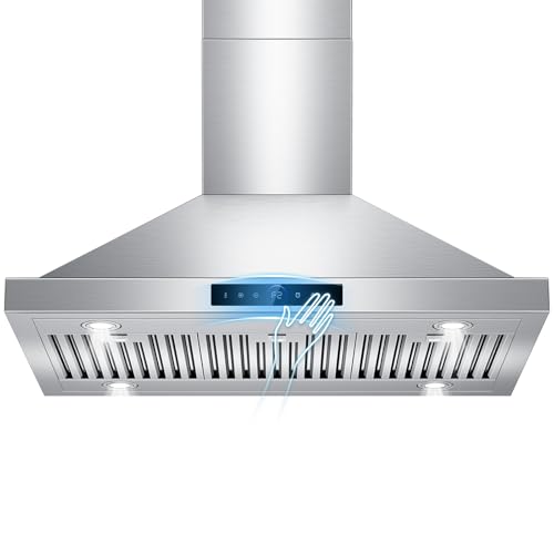 Image of 36 inch Island Range Hood Ceiling Mount 1200 CFM with 4-Speed Gesture Sensing & Touch Control, Ducted /Ductless Stainless Steel Kitchen Stove Vent Hoods with 4 LED Lights, Timer,Dishwasher-Safe Filters