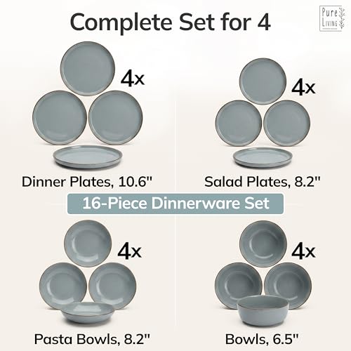 Image of 16 Piece Stoneware Dinnerware Set for 4 - Handmade Reactive Glaze Plates and Bowls Set - Chip & Scratch Resistant Dish Set - Dishwasher Microwave Safe - Rustic Smoke Blue