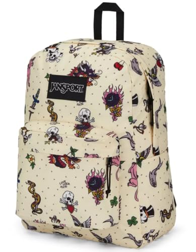 Image of JanSport SuperBreak Plus Backpack with Padded 15-inch Laptop Sleeve and Integrated Bottle Pocket - Spacious and Durable Daypack for Work and Travel - Traditional Tats