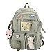 QIANSHENG Niedlicher Rucksack mit Pin und Bull Bear Plüsch Anhänger wasserdichte Nylon Laptoptasche für College Teenager Kawaii Schultasche Buchtaschen Reise Rucksuck