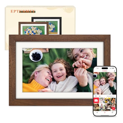 Frameo Cornice Digitale WiFi 10,1 Pollici 1280 x 800 HD IPS Touch Screen Memoria 32 GB Portafoto Digitale in Legno di Noce Rotazione Automatica Condividi Foto e Video con Frameo APP/USB/SD