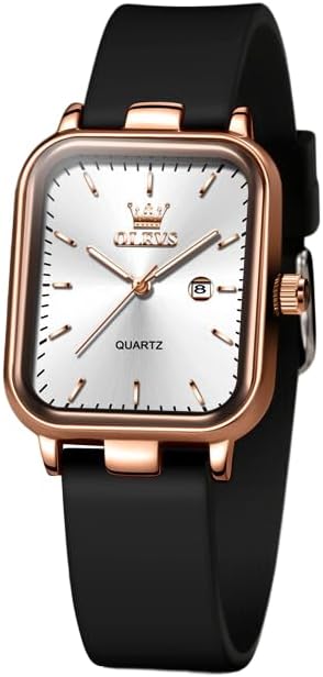 OLEVS Watch for Women Quartz Square Dial Analog Wristwatch Silicone Waterproof Classic Elegant Design Ideal Daily Wear Gift Rosegold&White