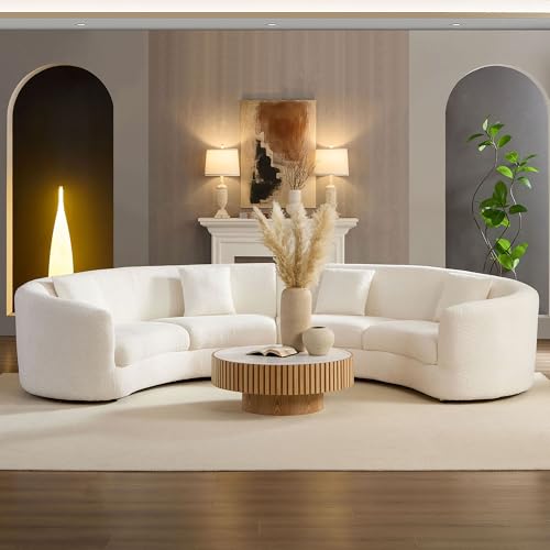 KEIKI 141" Luxury Curved Boucle Modular Sectional Sofa, Modern Style Oversized 4-Seater Polyester Tight Back Couch with 4 Pillows and Round Arms, Easy Assembly, for Apartment, Living Room, White