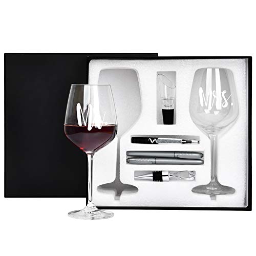 Mr Mrs Wine Glass Gfit Set For Couples, Wife Husband, Fiance Fiancee, Bride Groom, Gift Idea For Engagement, Wedding, Christmas, Birthday, Bridal Shower, Valentine's Day #TOP30