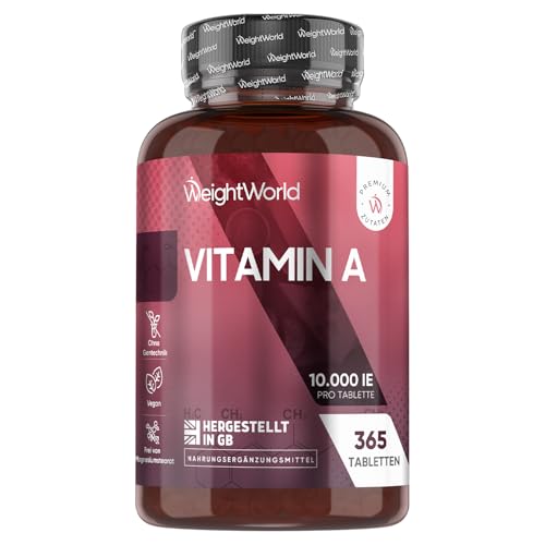 Vitamin A Tabletten - 10.000IE Retinol (3000μg) - Bekannt als Augenvitamine - Vitamin A trägt zur Erhaltung der normalen Sehkraft bei (EFSA) - 365 Retinylacetat Tabletten - Vegan - WeightWorld