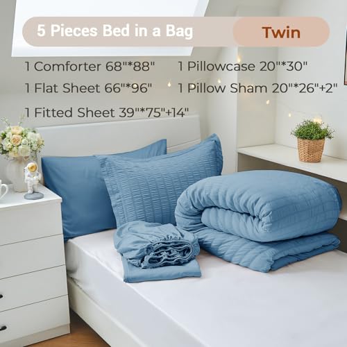 Image of MUXHOMO 5 Pieces Twin Comforter Set, Seersucker Bed in a Bag Twin Size, All Season Luxury Bedding Set with Comforter, Flat Sheet, Fitted Sheet, Pillowcase & Sham, Mineral Blue