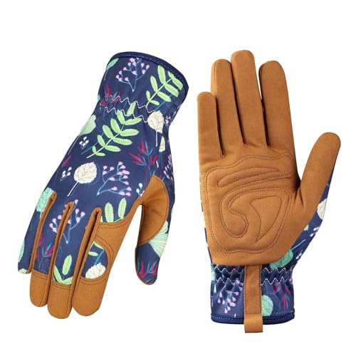 Floral Garden Gloves with Leather Fingertips, Navy Blue Pattern, Breathable Elastic Design