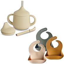 Moonkie Silicone Baby Sippy Cups Set & Silicone Bibs Set of 3 | 4oz 3-Stage Training Cup for Infants & Toddlers | BPA-Free Soft Adjustable Waterproof Feeding Bibs for Babies