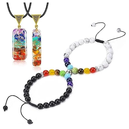 4Pcs 7 Chakra Necklace and Bracelet Set, Magnetic Long Distance Touch Love Bracelets & Necklace, Healing Energy Crystal Pendant Matching for BF, GF, Friends (7 Chakra)