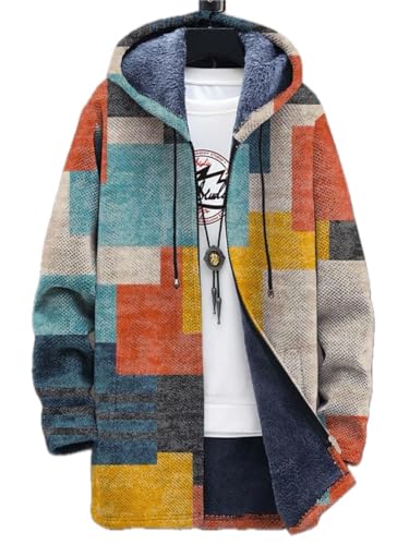 DMOYALA Oversized Plaid Coat for Men Zip Up Fleece Jacket with Hood Winter Fashion Sherpa Lined Long Cardigan Hoodie Soft Warm Flannel Jacket Coat with Pockets 03 Colored Patch 3XL