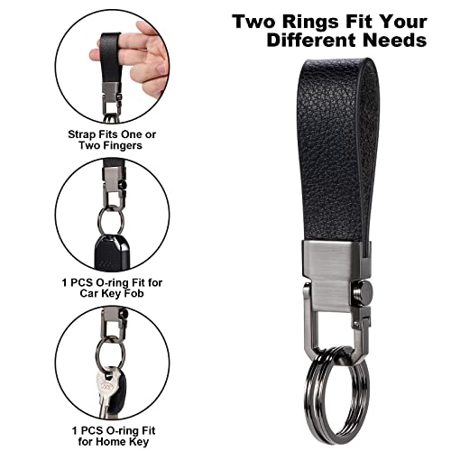 Jumperlay Leather Car Keychain With 2 Detachable Alloy Keyrings For Key Fob, Pull Slow Spring And Release Quick Spring (Black Nickel) #TOP4