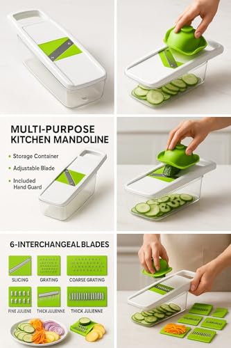 Image of Multifunctional 6 in 1 Vegetable Slicer, Mandoline Vegetable Chopper with Container, Red and White, Multi-Blade Slicer Dicer Grater Set, Kitchen Food Prep Tool