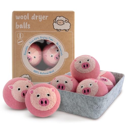 DAWNYIELD 6Pcs Bolas de Secadora de Lana Natural, Reduce el Tiempo de Secado, Alternativa Ecológica al Suavizante, Diseño Adorable de Animales, Suaviza la Ropa, Incluye Caja de Almacenamiento, Rosa