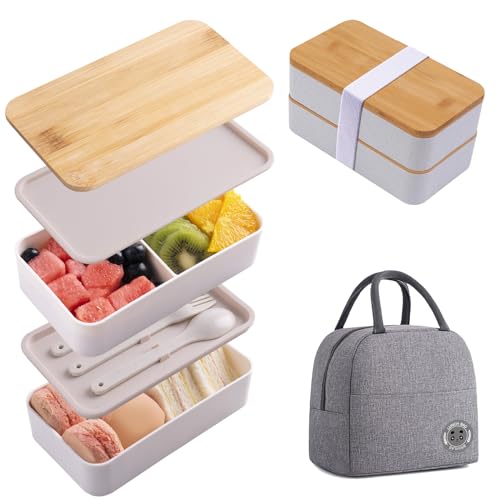 Japanese Bamboo Bento Box with Compartments and Utensils Stackable Lunch Box Includes Lunch Bag for Meal Prep Beige