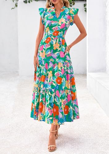 Image of PRETTYGARDEN Women's 2026 Summer Floral Midi Dress Cap Sleeve V Neck Ruffle Long Flowy Boho Casual Beach Vacation Dresses