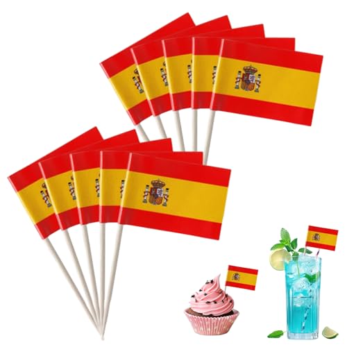 100 Stück Spanien Zahnstocher Flaggen,Spanien Deko,Spanische Flagge für Fingerfood Cocktail Cupcake Dekorationen und Spanische Deko,Spanienflagge,SpanienFahne,Flaggenpicker,Spaniedekorative