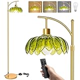 Gold Arc Floor Lamp for Bedroom Living Room Office: Green Flower Tall Reading Floor Standing Lamp, Dimmable Adjustable Modern LED Floor Light, Vintage Retro Boho Lighting for Nursery Housewarming