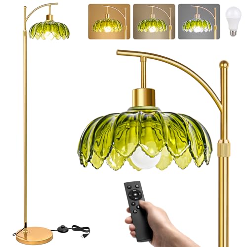 Gold Arc Floor Lamp for Bedroom Living Room Office: Green Flower Tall Reading Floor Standing Lamp, Dimmable Adjustable Modern LED Floor Light, Vintage Retro Boho Lighting for Nursery Housewarming