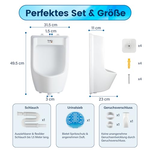 Urinal Kunststoff Pissoir mit Schlauch, Urinalsieb & Zubehör - Herren Männer WC Set Steh Klo Urinalbecken, Plastik Wand Pisuar für Garten Toilette Haus, Camping, Baustelle - weiß PVC
