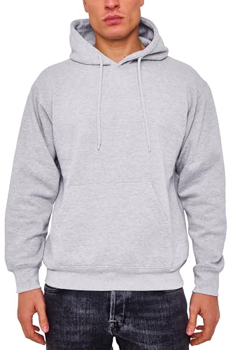 LABEL APPAREL Mens Pullover Fleece Hoodie 300GSM Sweatshirt Plain Hoody Work Hooded Jumper Ribbed Cuff Long Sleeve Pull Over Top, Grey, M