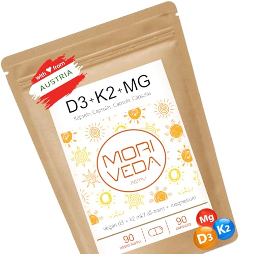 MoriVeda Vegane Vitamin D3 + K2 MK7 mit 7000 I.E. D3 und 200 µg K2, Hochdosiertes Wochen-Depot mit Magnesium, Made in Germany, pflanzliche Rezeptur, 90 Kapseln