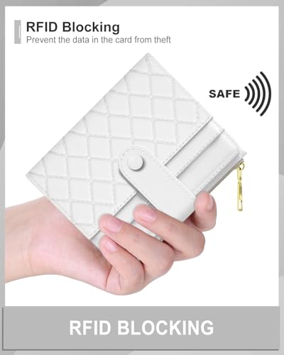 Image of Aiawoxc Womens Wallet, RFID Small Slim Wallets for Women, Compact Credit Card Holder, Cute Leather Bifold Ladies Purse with Zipper Coin Pocket and ID Window, White