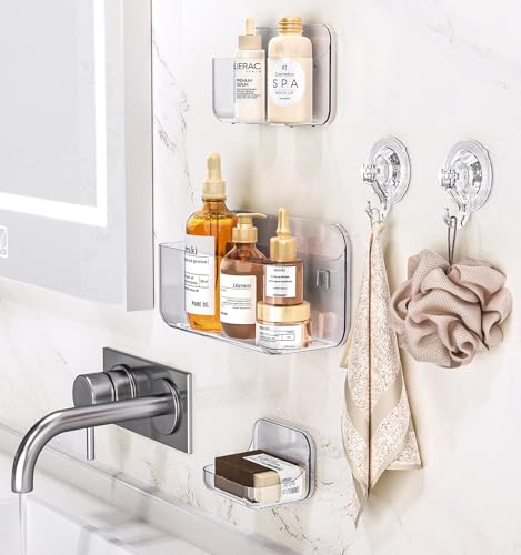 5 Pack Adhesive Clear Acrylic Shower Organizer Caddy with Hooks and Soap Holder