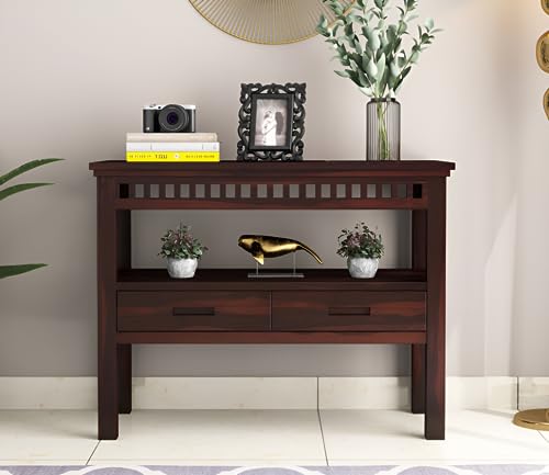 Image of SANPNEET Furniture Solid Wooden sheesham enterace consolie Table for Living Room Bedroom | Home Furniture Console Table with 1 Open Shelves & 2 Drawers Storage (Walnut Finish)