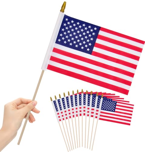 American Flags for Outside 12 Pcs 8x12 Inch American Flags on Stick Vivid Color US Handheld Flags with Safety Spear Top 4th of July Decorations Memorial Day Graves 250th Anniversary