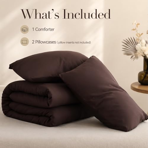 Image of ROSGONIA King Size Comforter Set Brown, 3pcs(1 Dark Brown Comforter & 2 Pillowcases) All Season Bedding Lightweight Bedspread Blanket Quilts