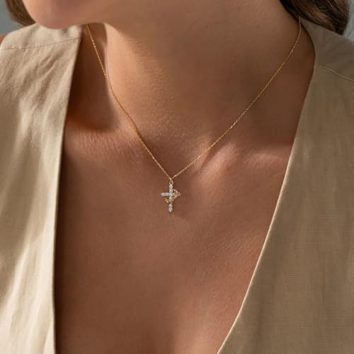 Cross Necklace for Women - Dainty 14K Gold Plated Crown Cross Cubic Zirconia Pearl Pendant Choker Necklace Small Trendy Gold Necklaces Non Tarnish Gold Jewelry Easter Christian Faith Gifts4