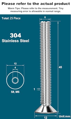Drenky 25 Stück M6 X 45mm Senkkopf Schrauben Edelstahl V2A VA A2 Senkkopfschrauben mit Innensechskant DIN 7991 / ISO 10642 Gewindeschrauben Rostfrei Silber Screws Metrisches Regelgewinde
