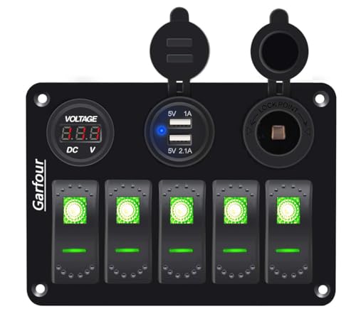 Garfour Green 5 Gang Marine Switch Panel - Waterproof Boat Switch Panel with 3.1A Dual USB, LED Voltmeter & Cigarette Lighter Socket for Boats, Trucks, RVs, SUVs