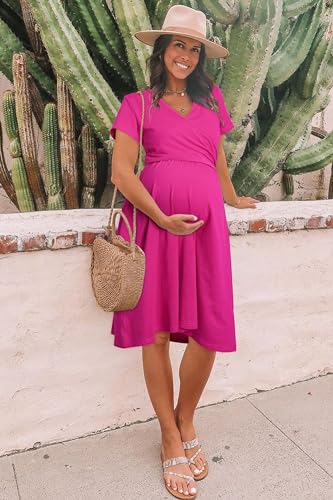 Image of OUGES Maternity Nursing Dress Breastfeeding Short Sleeve V Neck Casual Pregnancy Clothes with Pockets