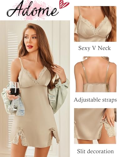 Image of ADOME Lingerie for Women Lace Chemise Nightgown Satin Babydoll Dress Silk Slip Nightwear S-XXL