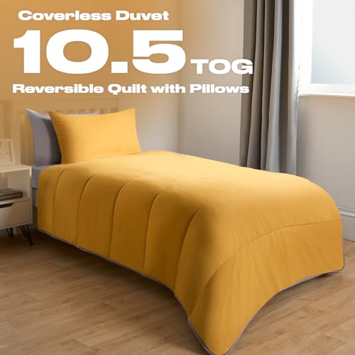 OHS 10.5 Tog Coverless Duvet for King Size Bed, Reversible Washable Coverless Travel Summer Camping Duvet Soft Warm Comfy Bedding with Pillowcase, Grey/Ochre - Image 2
