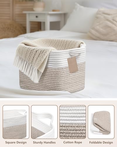 JOJOSEE Aufbewahrungskorb, Kleiner Korb Aufbewahrung, Aufbewahrungskorb Geflochten Baumwollseil, Organizer Korb für Spielzeug Kinderzimmer, Decken, Kissen, 33 x 25 x 22,5 cm, Weiß & Braun