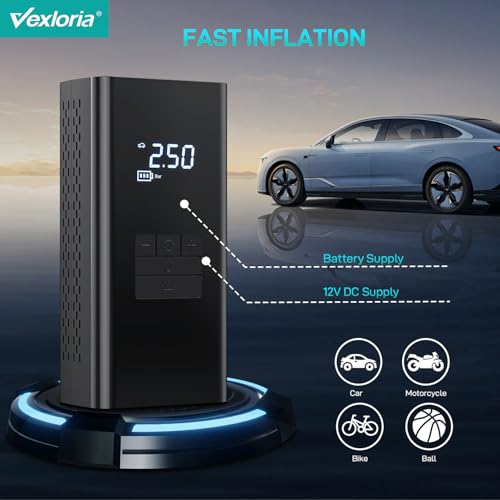 Vexloria Tyre Inflator Cordless Air Compressor, Portable Electric Bike Pump 150 PSI, Tyre Pump with Pressure Gauge & LED Light for Car, Bicycle, Motorbike, Ball - Image 3