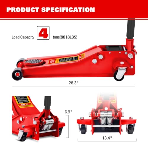 Oarlike 4 Ton Hydraulic Floor Jack, Low Profile Steel Racing Car Jack with Dual Pistons Quick Lift Pump, Heavy Duty Jack for Truck, SUV, MPV (8,800 lbs Capacity, Red)