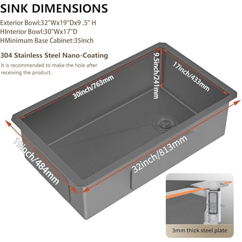 Image of 32 Inch Undermount Kitchen Sink, 304 Stainless Steel with Nano Coating, Single Bowl, Modern Design for Workstation, RV, Prep Kitchen & Bar, Drain Assembly Included, 32x19 Inch (Black)